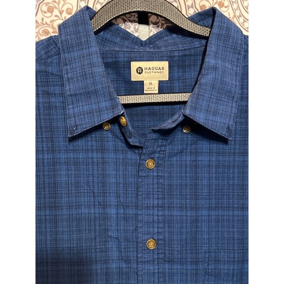 Haggar Mens XL Blue Checkered Short Sleeve Button-Down Shirt - Picture 9 of 11